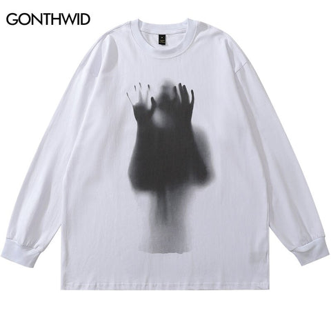 Hip Hop Long Sleeve T-Shirt Men Ghost Shadow Print Cotton Tshirt Streetwear 2023 Harajuku Casual Loose Punk Gothic Shirts White