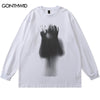 Hip Hop Long Sleeve T-Shirt Men Ghost Shadow Print Cotton Tshirt Streetwear 2023 Harajuku Casual Loose Punk Gothic Shirts White
