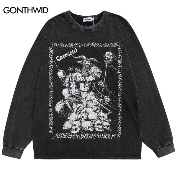 Hip Hop Long Sleeve T-Shirt Skull Skeleton Devil Print Oversized Punk Gothic Tshirt Streetwear 2023 Harajuku Cotton Loose Top