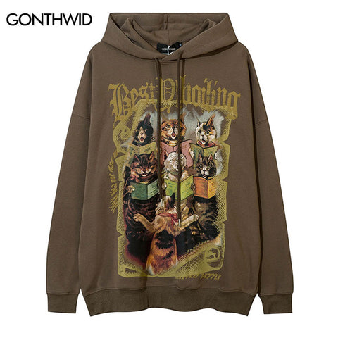 Hip Hop Men Hoodie Sweatshirt Grunge Streetwear Vintage Cartoon Cat Graphic Print Oversized Hooded Harajuku Punk Gothic Pullover