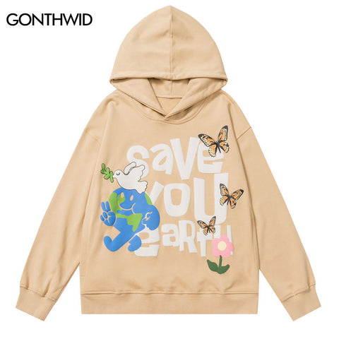 Hip Hop Men Hoodie Sweatshirt Harajuku Butterfly Letter Print Pullover Hooded Streetwear 2023 Casual Cotton Loose Hoodie