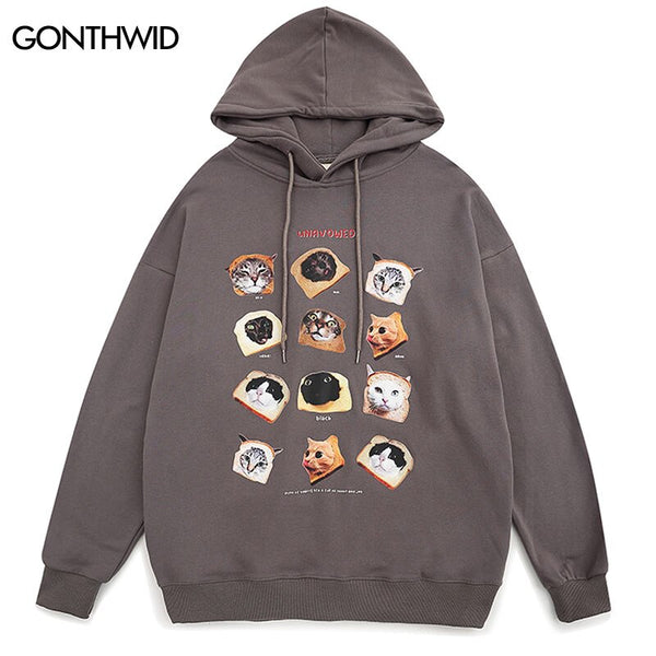 Hip Hop Men Hoodie Sweatshirt Harajuku Funny Cat Print Casual Cotton Oversized Hooded Pullover Loose Long Sleeve Y2K