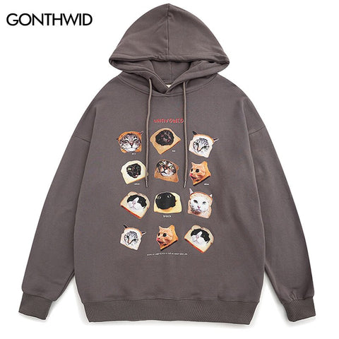 Hip Hop Men Hoodie Sweatshirt Harajuku Funny Cat Print Casual Cotton Oversized Hooded Pullover Loose Long Sleeve Y2K