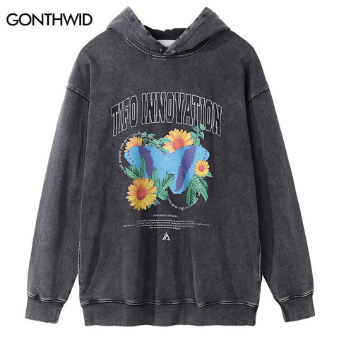 Hip Hop Men Hoodie Sweatshirt Y2K Grunge Vintage Butterfly Floral Print Punk Gothic Hooded Harajuku Casual Heavy Cotton Pullover