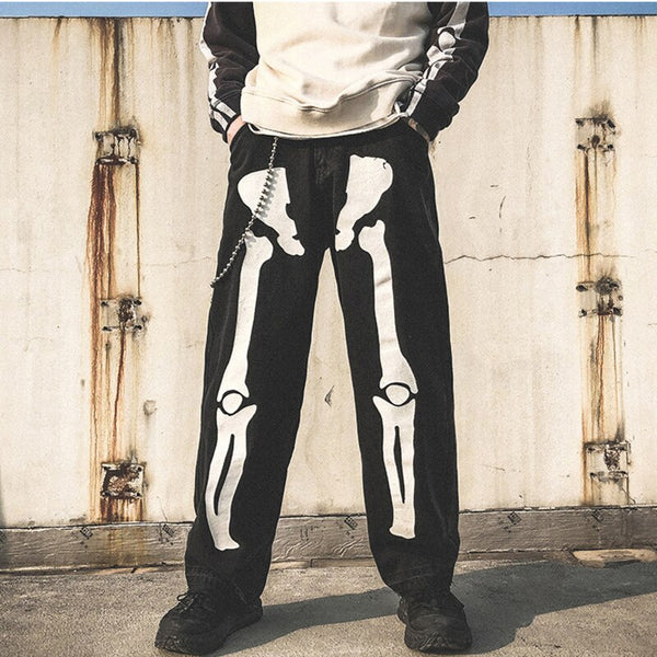 Hip Hop Men Skeleton Black Jeans 2022 Autumn High Waist Washed Harem Pants Harajuku Skeleton Light Color Jeans Streetwear