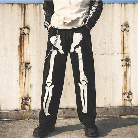 Hip Hop Men Skeleton Black Jeans 2022 Autumn High Waist Washed Harem Pants Harajuku Skeleton Light Color Jeans Streetwear