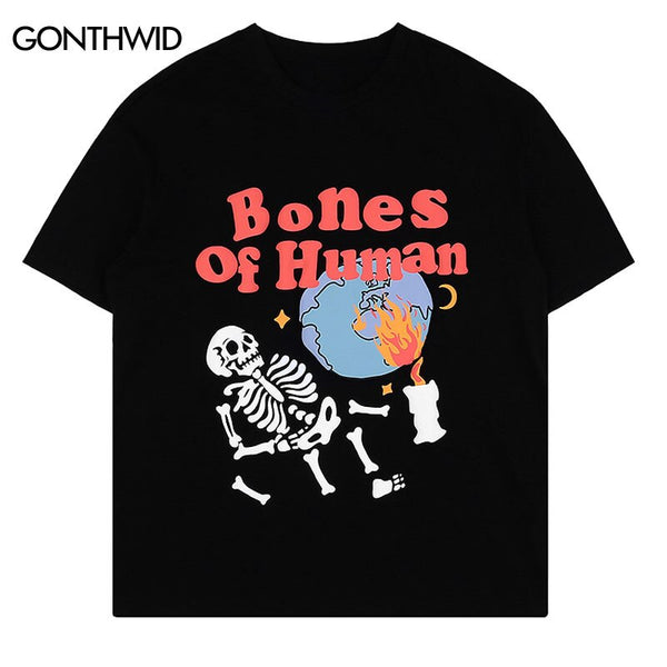 Hip Hop Men T-Shirt 2023 Skull Skeleton Letter Print Short Sleeve Streetwear Tshirt Harajuku Casual Cotton Tee Shirts