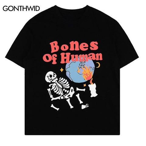 Hip Hop Men T-Shirt 2023 Skull Skeleton Letter Print Short Sleeve Streetwear Tshirt Harajuku Casual Cotton Tee Shirts