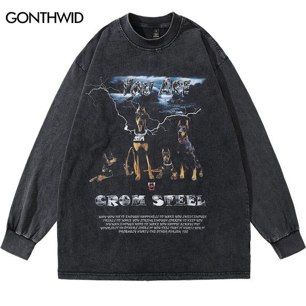 Hip Hop Men T-Shirt Streetwear Hip Hop Doberman Dog Print Punk Gothic Cotton Tshirt Harajuku Casual Loose Long Sleeve Tee Shirts