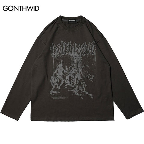 Hip Hop Men Tshirt Streetwear Graphic Letter Print Long Sleeve T-Shirt 2023 Harajuku Casual Loose Cotton Tee Shirts Top