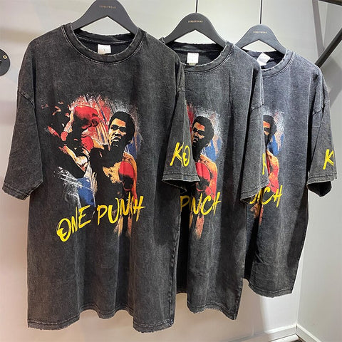 Hip-Hop Men's Streetwear Vintage T-shirt Oversized Print Graphic Boxing Champion T-shirt 2022 Summer Cotton Top Black Couple Tee