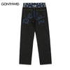 Hip Hop Mens Denim Jean Streetwear Bandana Print Color Block Patchwork Straight Jeans Pants Harajuku Casual Loose Baggy Trousers