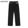 Hip Hop Mens Denim Jean Streetwear Bandana Print Color Block Patchwork Straight Jeans Pants Harajuku Casual Loose Baggy Trousers