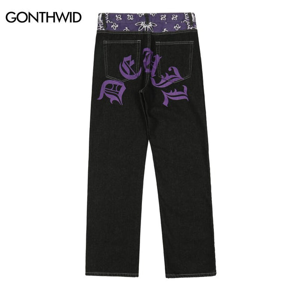 Hip Hop Mens Denim Jean Streetwear Bandana Print Color Block Patchwork Straight Jeans Pants Harajuku Casual Loose Baggy Trousers