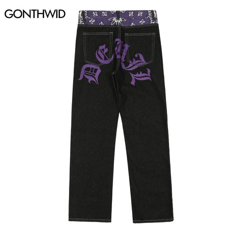 Hip Hop Mens Denim Jean Streetwear Bandana Print Color Block Patchwork Straight Jeans Pants Harajuku Casual Loose Baggy Trousers