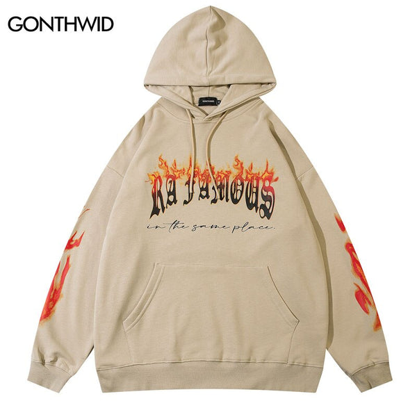 Hip Hop Mens Hoodie Sweatshirt Flame Letter Print Oversized Hooded Streetwear 2023 Harajuku Cotton Loose Punk Gothic Pullovers