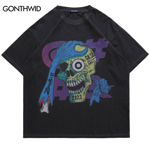 Hip Hop Oversized Distressed Tee Shirts Streetwear Vintage Skull Skeleton Print Punk Rock Gothic Short Sleeve Tshirt Cotton Tops
