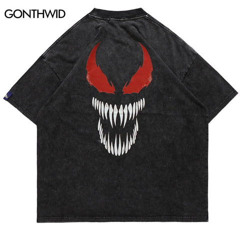 Hip Hop Oversized Distressed Tshirt Vintage Cartoon Teeth Print T-Shirts 2023 Men Hip Hop Harajuku Casual Short Sleeve Tee Top