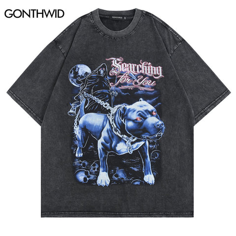 Hip Hop Punk Distressed Tshirt Streetwear Skull Dog Print Vintage Gothic Tee Shirt 2023 Men Harajuku Casual Retro Cotton T-Shirt