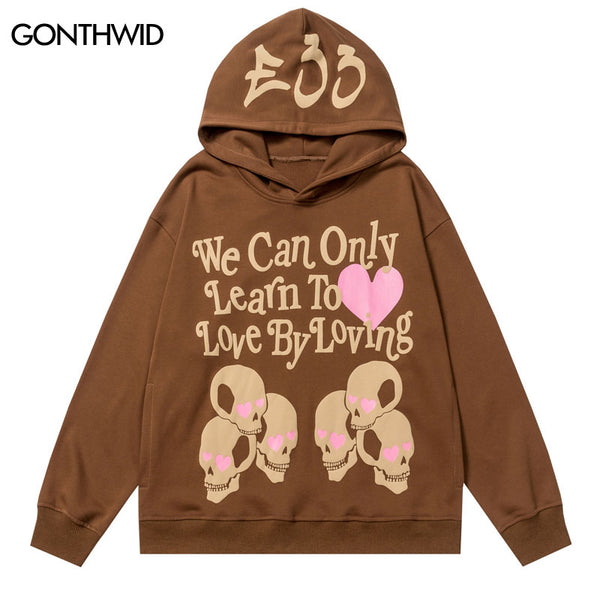 Hip Hop Punk Gothic Hooded Hoodie Sweatshirt Skull Skeleton Heart Letter Print Pullover Hoodie Men Harajuku Casual Sweatshirt