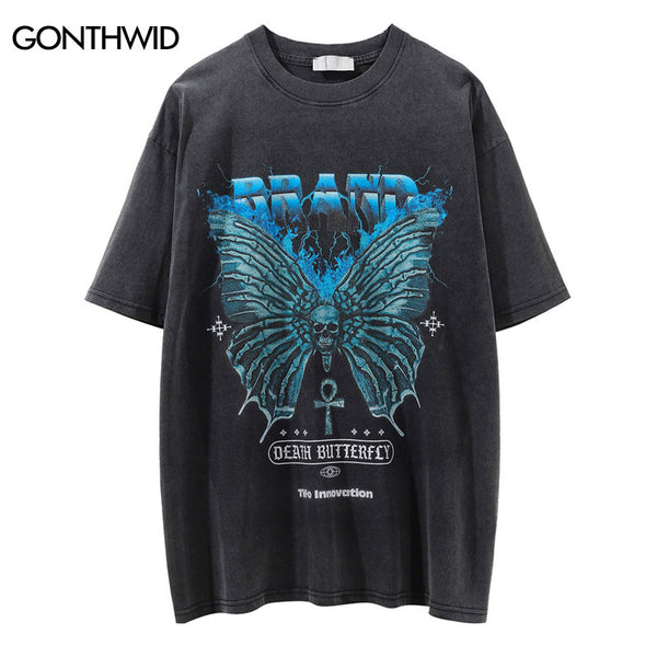 Hip Hop Punk Gothic Tshirt Streetwear Men Flame Skull Butterfly Print Distressed T Shirt 2023 Harajuku Summer Casual T-Shirt Top