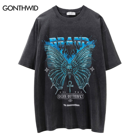 Hip Hop Punk Gothic Tshirt Streetwear Men Flame Skull Butterfly Print Distressed T Shirt 2023 Harajuku Summer Casual T-Shirt Top