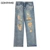 Hip Hop Ripped Jeans Y2K Grunge Streetwear Harajuku Retro Embroidery Skull Baggy Straight Distressed Hole Denim Pants Trousers