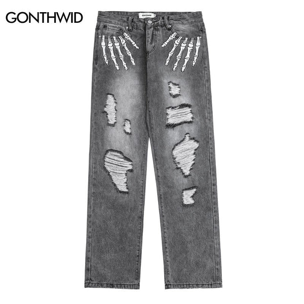 Hip Hop Ripped Jeans Y2K Grunge Streetwear Harajuku Retro Embroidery Skull Baggy Straight Distressed Hole Denim Pants Trousers