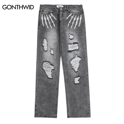 Hip Hop Ripped Jeans Y2K Grunge Streetwear Harajuku Retro Embroidery Skull Baggy Straight Distressed Hole Denim Pants Trousers