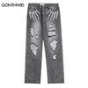Hip Hop Ripped Jeans Y2K Grunge Streetwear Harajuku Retro Embroidery Skull Baggy Straight Distressed Hole Denim Pants Trousers