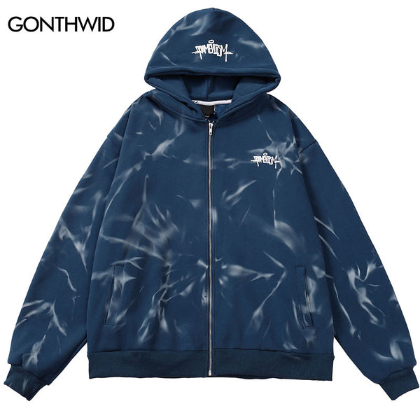 Hip Hop Streetwear Hoodie Y2K Grunge Mens Letter Print Zip Up Fleece Hooded Sweatshirt 2023 Harajuku Casual Tie Dye Coat