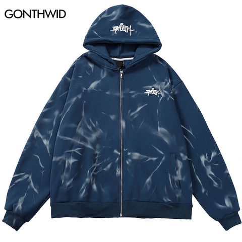 Hip Hop Streetwear Hoodie Y2K Grunge Mens Letter Print Zip Up Fleece Hooded Sweatshirt 2023 Harajuku Casual Tie Dye Coat