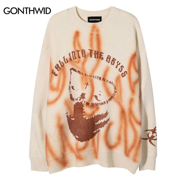 Hip Hop Sweater Y2K Grunge Graffiti Flame Letter Print Knitted Punk Gothic Jumpers Streetwear Harajuku Loose Pullovers