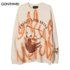 Hip Hop Sweater Y2K Grunge Graffiti Flame Letter Print Knitted Punk Gothic Jumpers Streetwear Harajuku Loose Pullovers