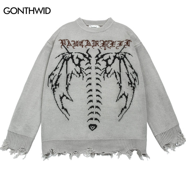 Hip Hop Sweaters Y2K Grunge Streetwear Knitted Skull Skeleton Letter Pullover Jumpers Harajuku Punk Gothic Loose Sweater