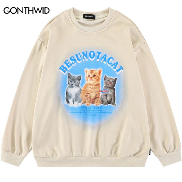 Hip Hop Sweatshirt Hoodie Cute Cats Graphic Print Pullover Hoodie Men Autumn Harajuku Casual Cotton Sweatshirts Couple