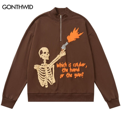Hip Hop Sweatshirt Hoodie Streetwear Hip Hop Skull Skeleton Print Half Zipper Stand Collar Pullover Harajuku Punk Gothic Hoodies