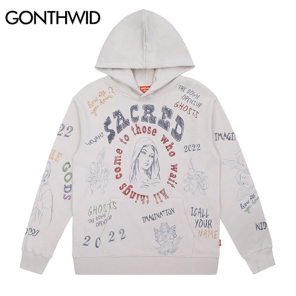 Hip Hop Sweatshirt Hoodie Streetwear Vintage Retro Graffiti Print Gothic Hood Sweatshirts 2023 Men Harajuku Cotton Pullover Male