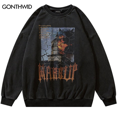Hip Hop Sweatshirt Hoodie Vintage Graphic Letter Print Sweatshirts 2023 Harujuku Retro Cotton Loose Distressed Wash Sweatshirts