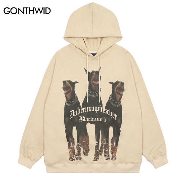 Hip Hop Sweatshirt Mens Hoodie Streetwear Doberman Dog Print Oversized Pullover Hooded 2023 Autumn Harajuku Casual Loose Hoodies