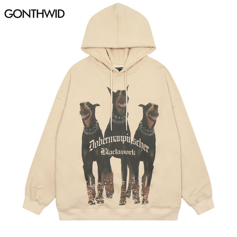 Hip Hop Sweatshirt Mens Hoodie Streetwear Doberman Dog Print Oversized Pullover Hooded 2023 Autumn Harajuku Casual Loose Hoodies