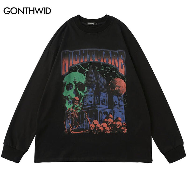 Hip Hop Sweatshirt Streetwear Mens Skull Skeleton Print Punk Gothic Crewneck Pullover 2023 Harajuku Cotton Loose Hoodie