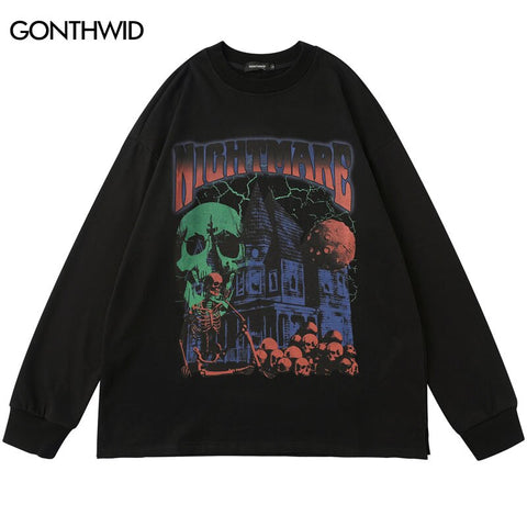 Hip Hop Sweatshirt Streetwear Mens Skull Skeleton Print Punk Gothic Crewneck Pullover 2023 Harajuku Cotton Loose Hoodie