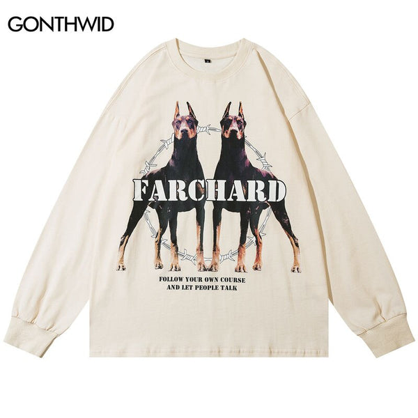 Hip Hop T Shirt Harajuku Doberman Dog Print Long Sleeve Cotton Oversized Tshirt Streetwear Autumn Casual Loose Tees Tops