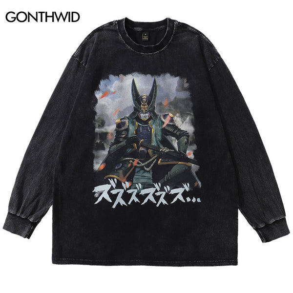 Hip Hop T-Shirt Japanese Samurai Cartoon Print Long Sleeve Streetwear Tshirt Men Harajuku Casual Cotton Distressed Wash Shirts