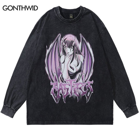 Hip Hop T-Shirt Streetwear Harajuku Japanese Devil Girl Graphic Print Punk Goth Tshirt Casual Loose Cotton Long Sleeve Tee Shirt