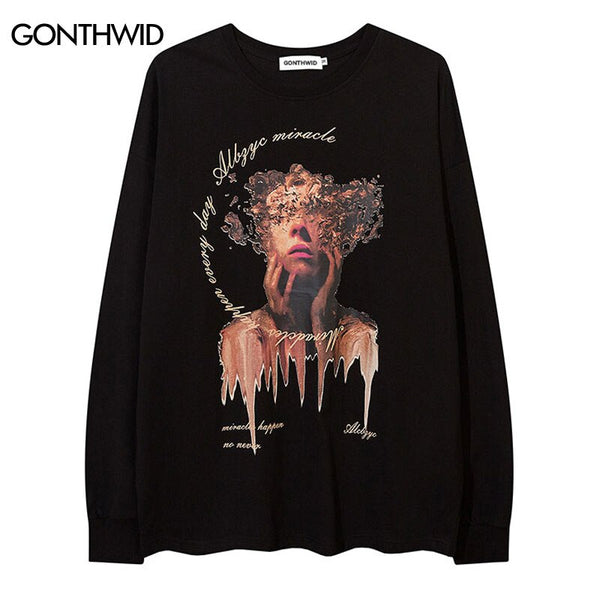 Hip Hop T-Shirt Streetwear Mens Graphic Print Oversized Long Sleeve Tshirt 2023 Harajuku Casual Cotton Loose Punk Gothic Shirts