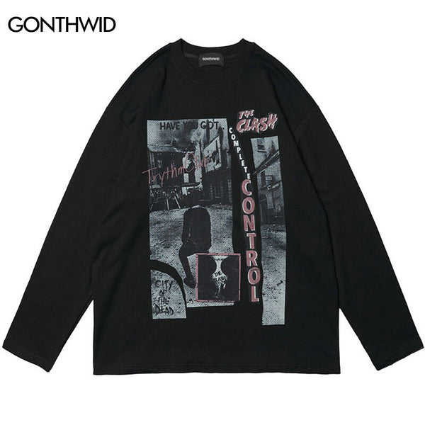 Hip Hop T Shirt Streetwear Vintage Graphic Pring Long Sleeve Tshirt Harajuku Casual Cotton Punk Gothic Tee Shirts Men Loose Tops