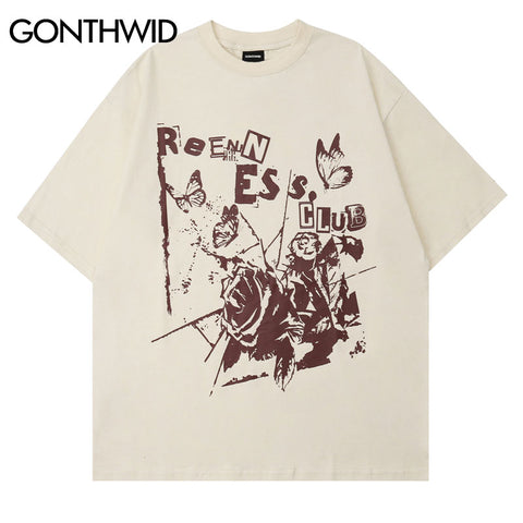 Hip Hop T Shirt Streetwear Vintage Rose Floral Graphic Print Short Sleeve Tshirts 2023 Summer Harajuku Cotton Loose Casual Tee