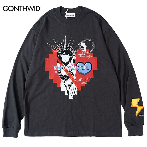 Hip Hop T-Shirt Streetwear Y2K Harajuku Japanese Cartoon Game Girl Print Long Sleeve Cotton Tshirts Harajuku Loose Shirt